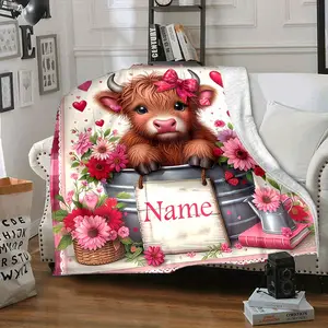 High-Quality Soft Flannel Personalized Custom Name Cow & Floral Blanket - Cozy & Warm for All Seasons, Perfect for Naps, Camping, Travel & Gifts