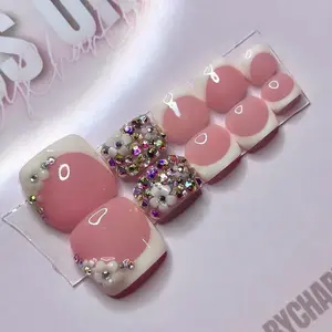 French Tip Press On Toe Nails: Rhinestone Flower Charms, Reusable Set
