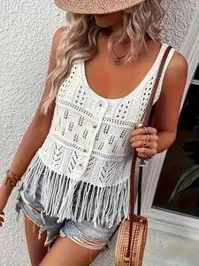 Women's Fringe Trim Open Front Crop Tank Top, Boho Sleeveless Crochet Top for Summer, Fashion Casual Women's Top for Daily Wear, Backless Sleeveless Top