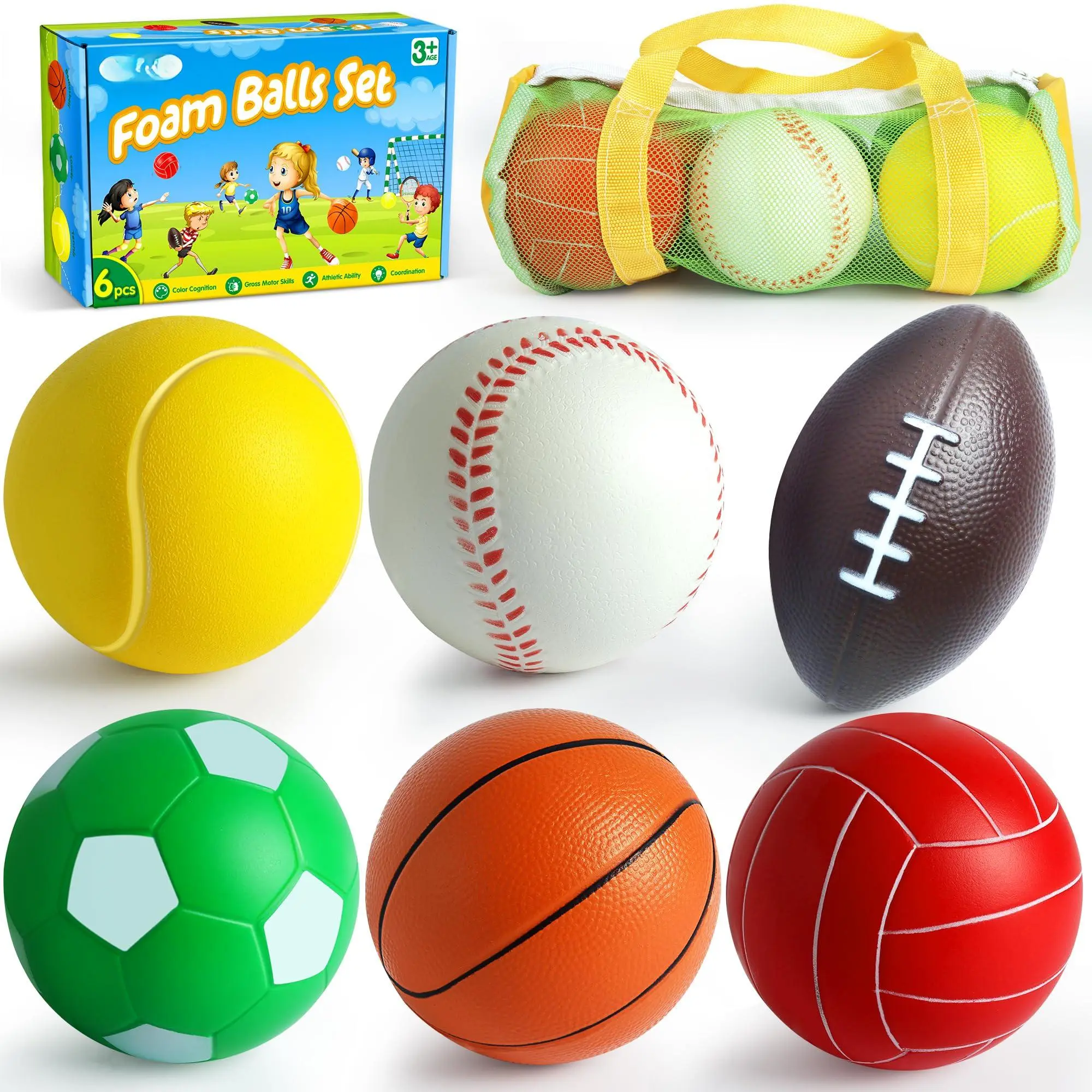 Mini Sports Balls Set For 1-3  Bag Include 1 Each Of 3.5" Foam Soccer Tennis Ball Basketball Football Baseball Volleyball Fun Toys 6
