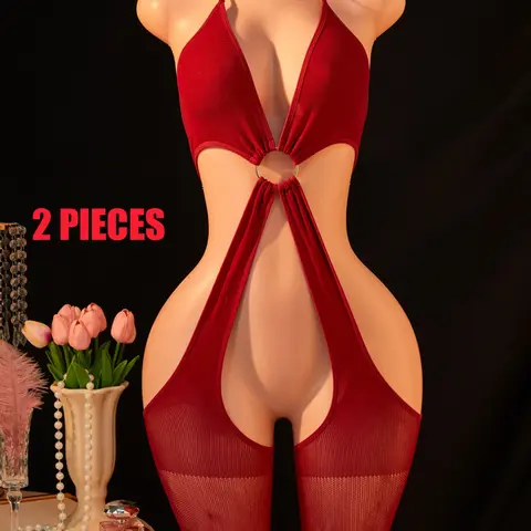 Women's Sexy Mesh Halter Neck Slim Fitting Bodysuit, Stretchy Tight Fit, Sheer Teddy Lingerie, Exotic Nightclub Party Underwear, Elegant Evening Wear