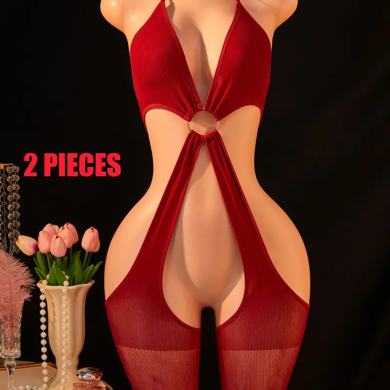 Women's Sexy Mesh Halter Neck Slim Fitting Bodysuit, Stretchy Tight Fit, Sheer Teddy Lingerie, Exotic Nightclub Party Underwear, Elegant Evening Wear