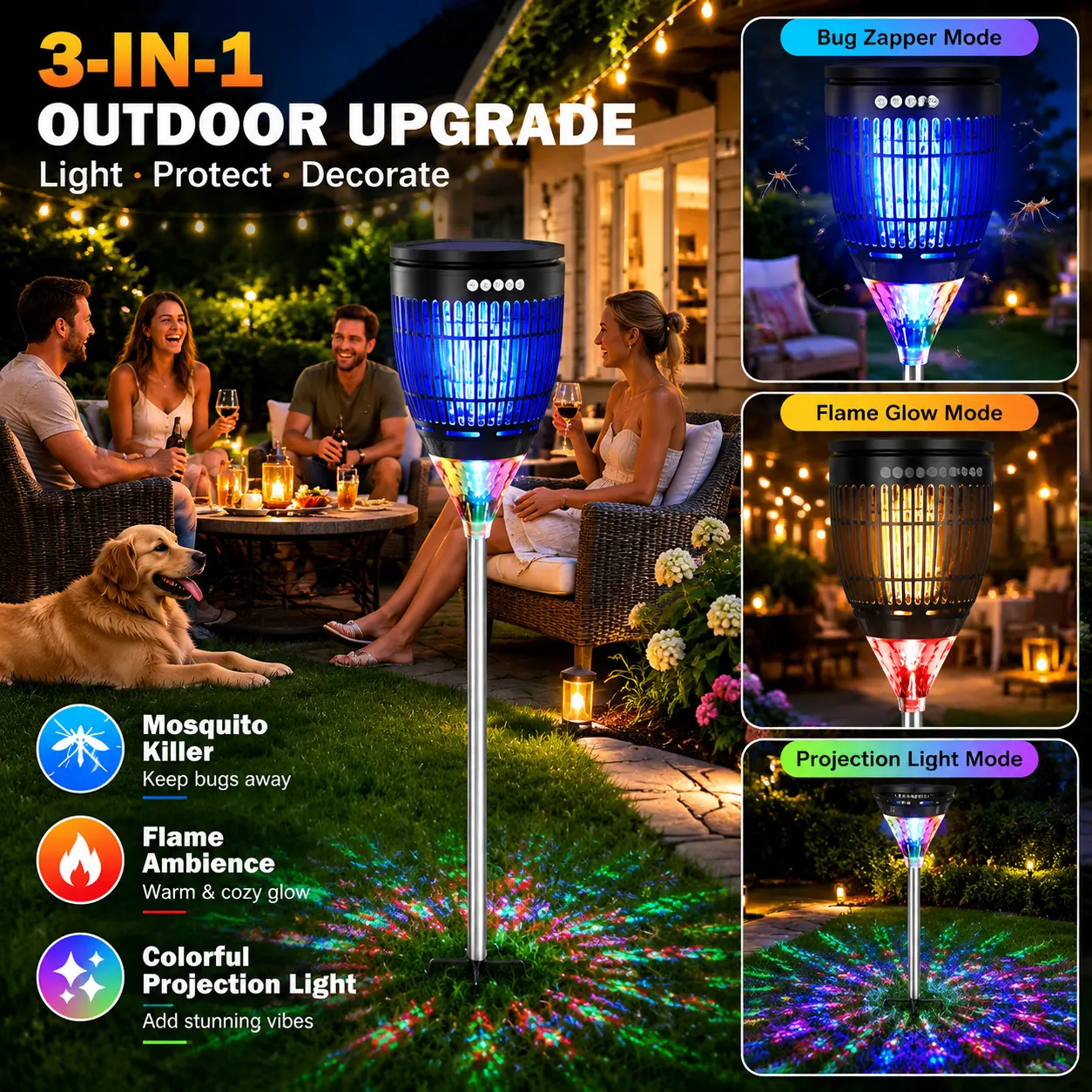 3-in-1 Cordless Solar Mosquito Killer - 4200V Grid Electronic Bug Zapper, Wireless Portable Zapper, UV Insect Trap with Auto Night Operation, Flame/Projection Solar Lights, Safe Design for Residential Pest Control (Patio, Backyard)