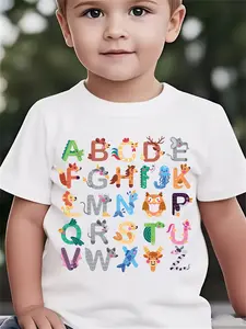 Kids' Animal Alphabet Short Sleeve Cotton T-Shirt, Educational ABC Graphic Tee