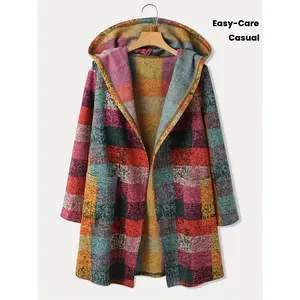 Women's Fleece-Lined Retro Plaid Print Hooded Long Coat