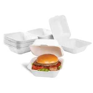 Karat Earth 6''x6'' PFAS Free Compostable Bagasse Hinged Containers, White - 500 pcs