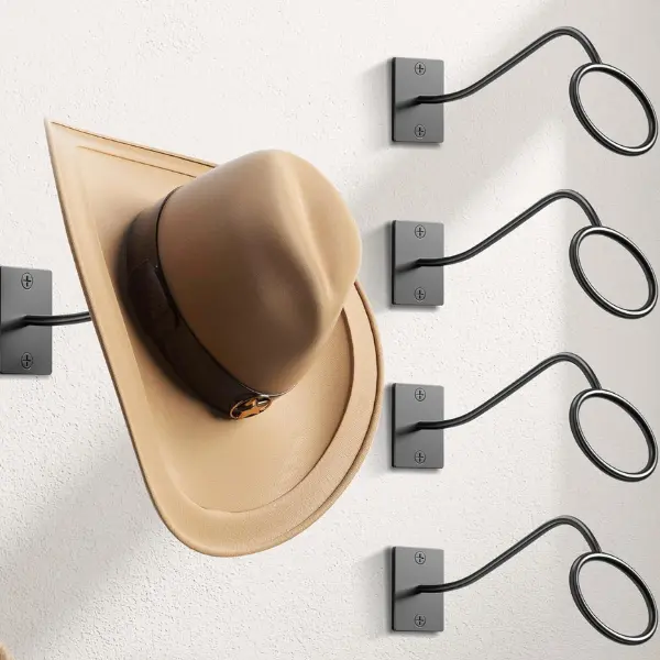 4-Piece Compact Stainless Steel Wall-Mount Cowboy Hat Rack, Western Rustic Metal Hanger for Hat Storage, Organizer Hooks for Wide Brim Headwear