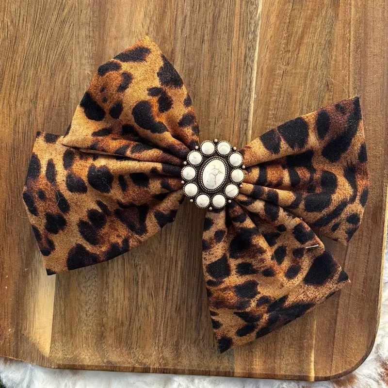 Leopard Print Short Hair Bows with Turquoise Western Charms - Bow-Shape Western Hair Clips, Accessories for Stylish Outfits, Bow Hairpin, Leopard Bow Design