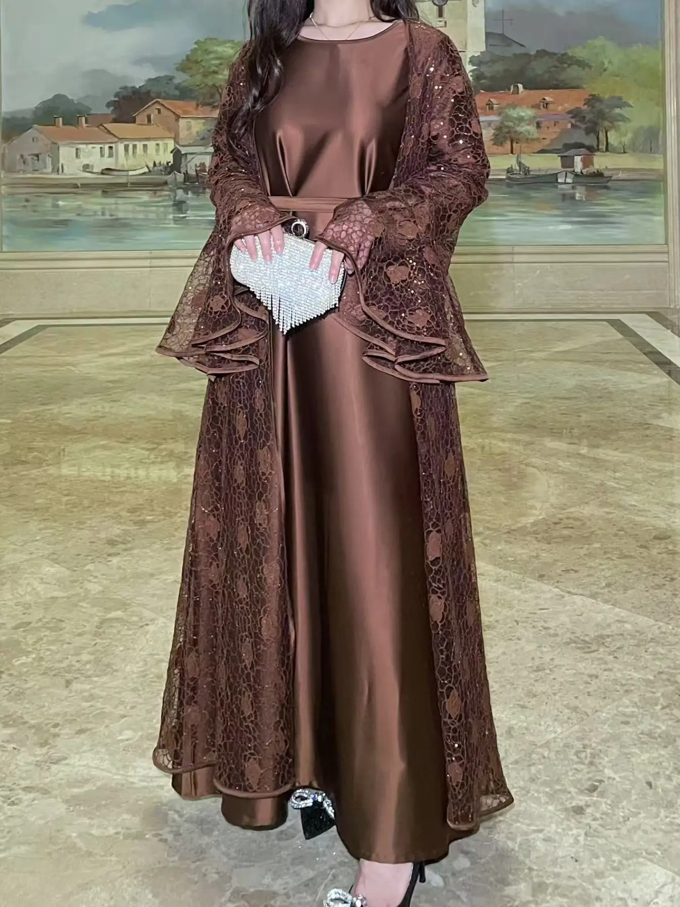 Women's Abaya & Plain Dress Set, Elegant Long Sleeve Open Front Abaya & Muslim Dress for Party Daily Wear, Ladies Islamic Clothing for All Seasons, Mo