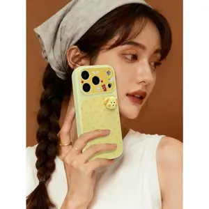 Cream Yellow Polka Dot 3D Dog Phone Case with Wrist Strap & Chain Lanyard for iPhone 17 16 15 14 Pro Max 13, Cute Kawaii Hard Cove