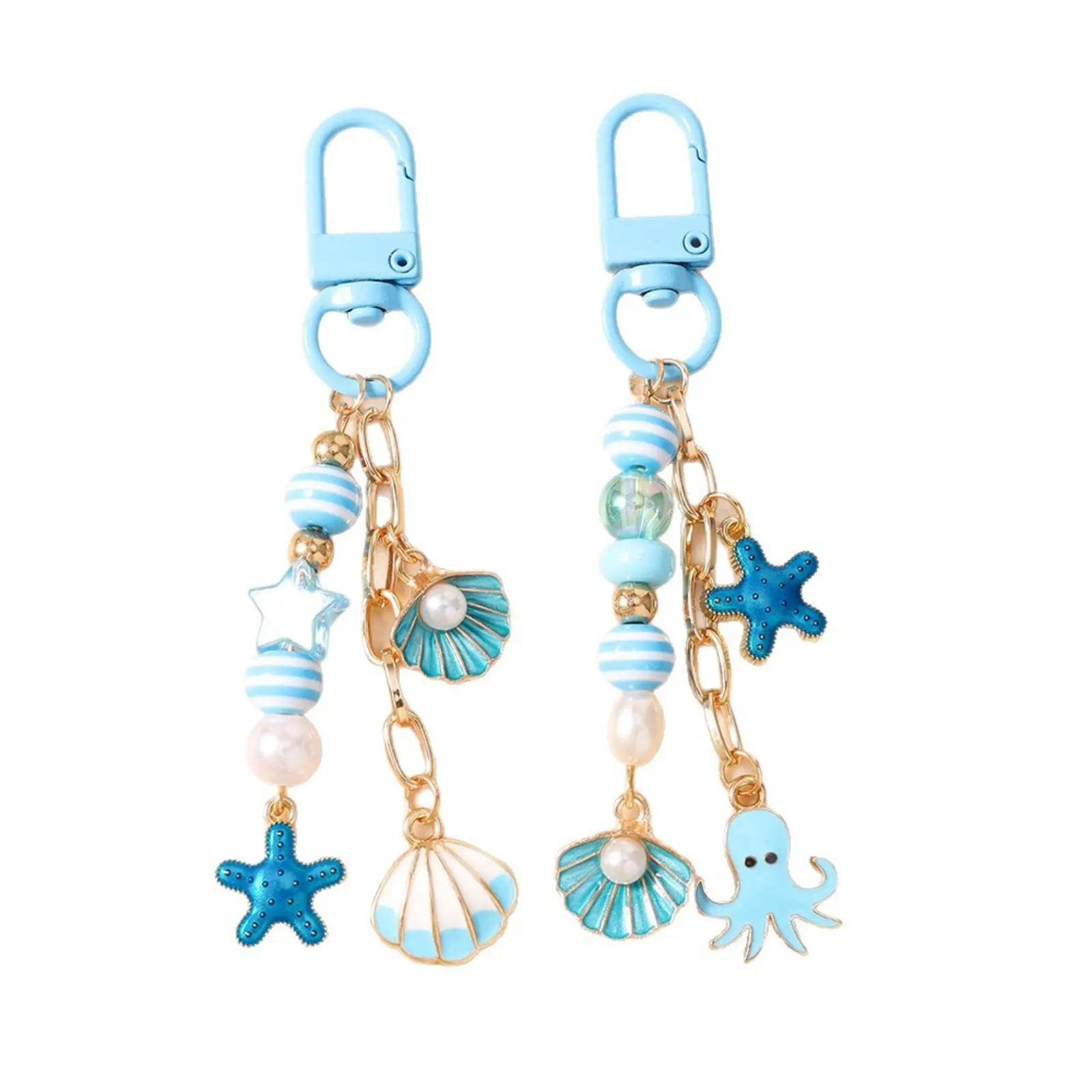 Unisex Nautical Cotton Braided Keychain Set - 2-Piece Coastal Ocean Themed Stuff, Casual Charm with Beaded Starfish & Seashell Pendants, Beaded Pendants, 2-Pieces, Beaded Ocean Starfish & Seashell Pendants, Sea Motifs