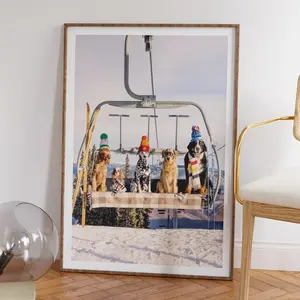 Ski Lift Dogs Art Print – Winter Dog Photography in Snowy Mountains, Whimsical Cabin Wall Decor, Preppy Ski Lodge Poster