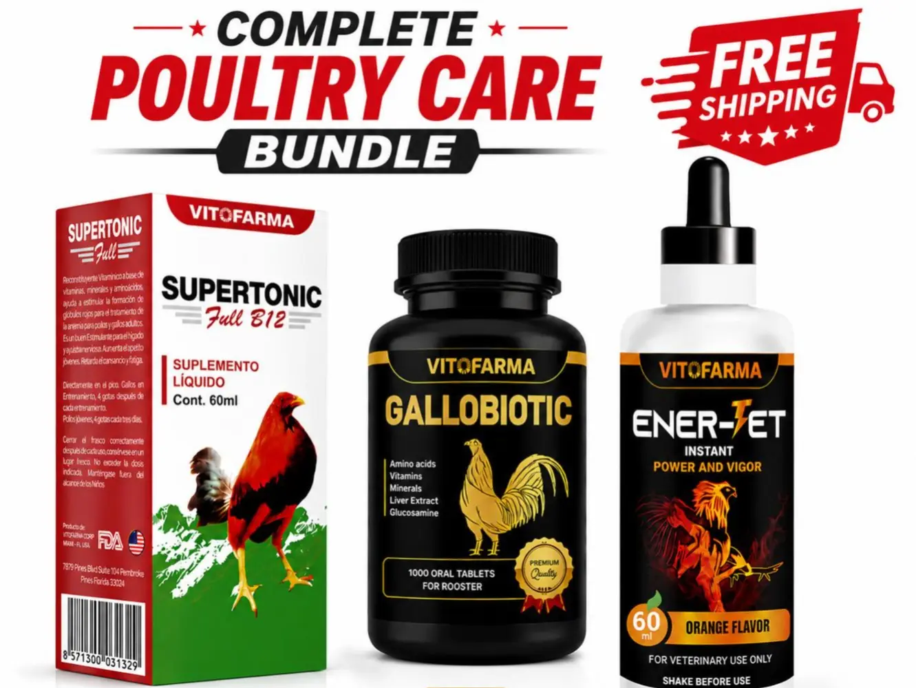 Vitofarma 3 combo Complete Poultry Trio | Ener-jet + Supertonic full B12 + Gallobiotic