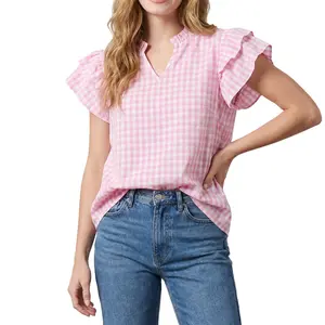 Shewin 2026 Summer Top Women's V-Neck Short Sleeve Cotton Plaid Ruffle Details for Casual Wear Womenswear Shirts Shortsleeve