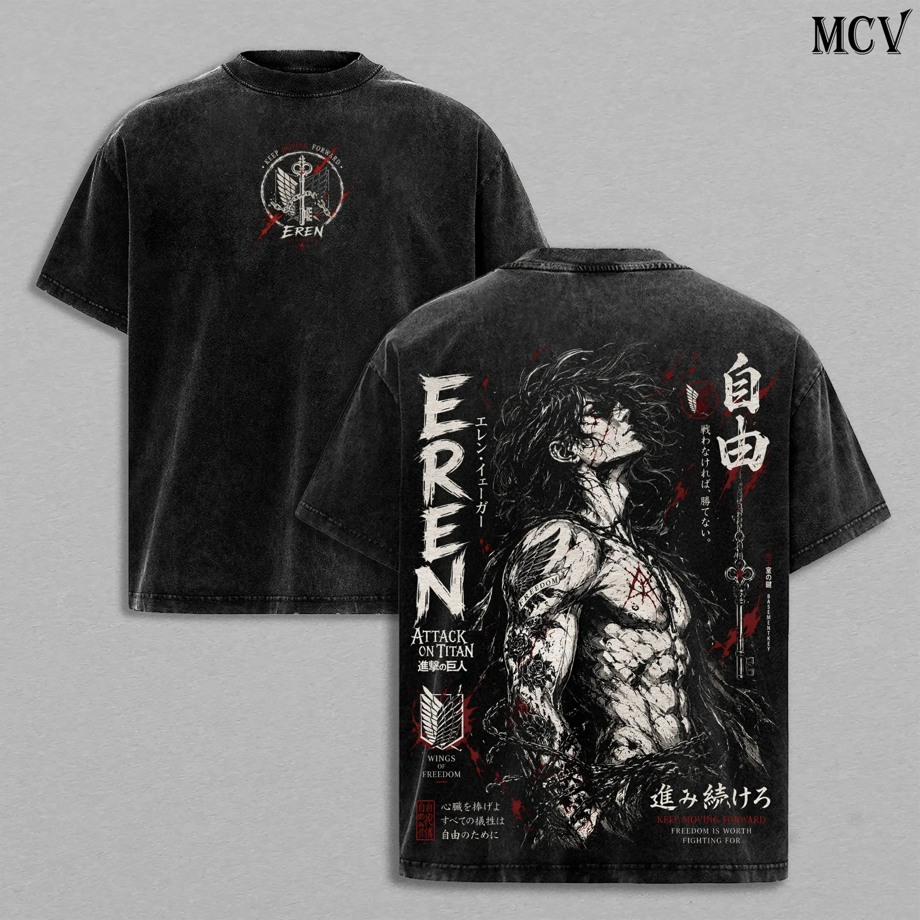 Vintage Washed Eren Yeager Attack on Titan Graphic Tee - Oversized Heavy Cotton Anime Streetwear T-Shirt, Gothic Tattoo Irezumi Blackwork Manga Unisex Top