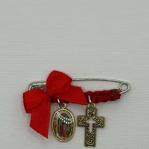 Pregnancy Safety Pin with Virgin Mary Charm and Red Bow Cross Pendant for Religious Protection