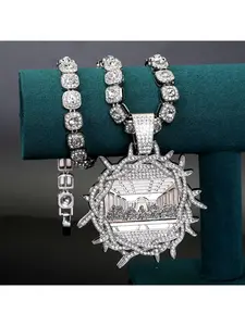 Full Diamond Pendant Necklace of "The Last Supper", Unisex Alloy Thorn Inlaid Diamond Classic Cuban Link Necklace