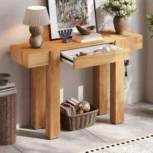 [Fahuac] Rustic Minimalist Console Table with Hidden Drawer & Side Power Outlet – Wood Entryway Table with USB Ports & Type-C, Sturdy Solid Wood for Living Room Home Office