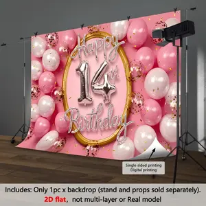 2D Flat Banner,1pc 14th Birthday Party Background Music - Pink and Gold Balloons, "Happy 14th Birthday" Gold Frame Banner for Family Party Events, Home & Wall Decor, Birthday Party Decoration, Perfect for Teenagers & Party Enthusiasts