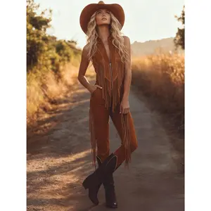 Vintage Western Tassel Brown Suede Vest Jumpsuit - Sleeveless Fitted Cowgirl Style for Country Concerts & Rodeo Nights