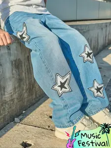 Men's Star Print Straight Leg Jeans, Loose Casual Comfy Denim Pants for Daily Wear, Fashion Men's Bottoms for All Seasons, Baggy Jeans for Men Light Blue Cargos