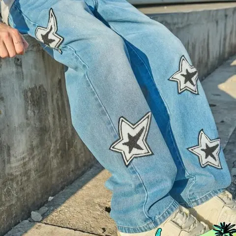 Men's Star Print Straight Leg Jeans, Loose Casual Comfy Denim Pants for Daily Wear, Fashion Men's Bottoms for All Seasons, Baggy Jeans for Men Light Blue Cargos