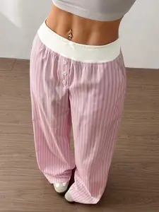 Women's Striped Print Pocket Pants, Casual Comfy Trousers for Daily Wear, Ladies Bottoms for All Seasons, Casual Lounge Pant