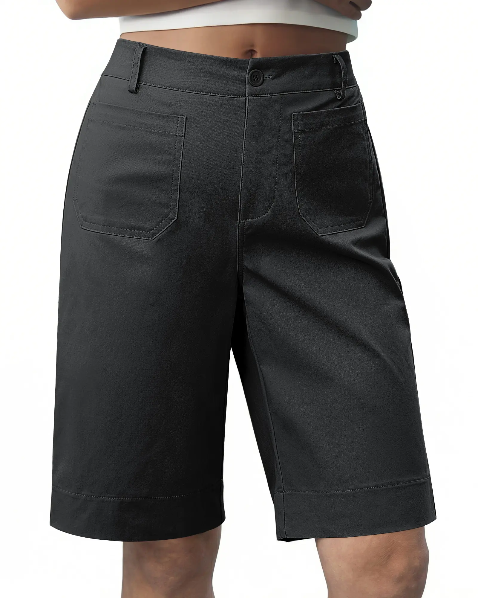luvamia Bermuda Shorts for Women Knee Length High Waisted Dressy Casual Patch Pocket Chino Elastic Waist Long Shorts