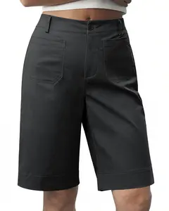 luvamia Bermuda Shorts for Women Knee Length High Waisted Dressy Casual Patch Pocket Chino Elastic Waist Long Shorts