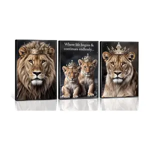 3pcs/set Lion Wall Art Canvas Posters with Crown, Canvas Prints, Lion Family Wall Decoration Painting, Lion Theme Animal Design Wildlife Picture Modern Home Decor Modern Artistic Inspirational Ani Art Work For Wall Decor