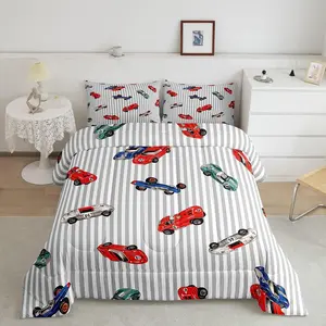 Race car Designer Bedding Comforter Sets,Speed Sports Car Luxury Unique Bedding Sets,Racing Car Comforter,White Grey Super Soft Quilted