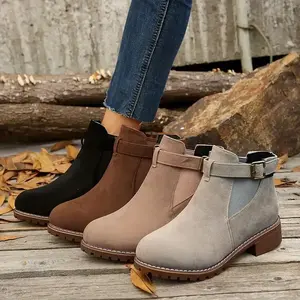 Black Retro Classic Fashion Boots, Comfortable and Elegant Women's Ankle Boots. Cute Round Toe Design Thick Sole Slip-On Shoes with Buckle Adjustment for Different Body Types of Ladies. European American New Style Casual Commuting Outdoor