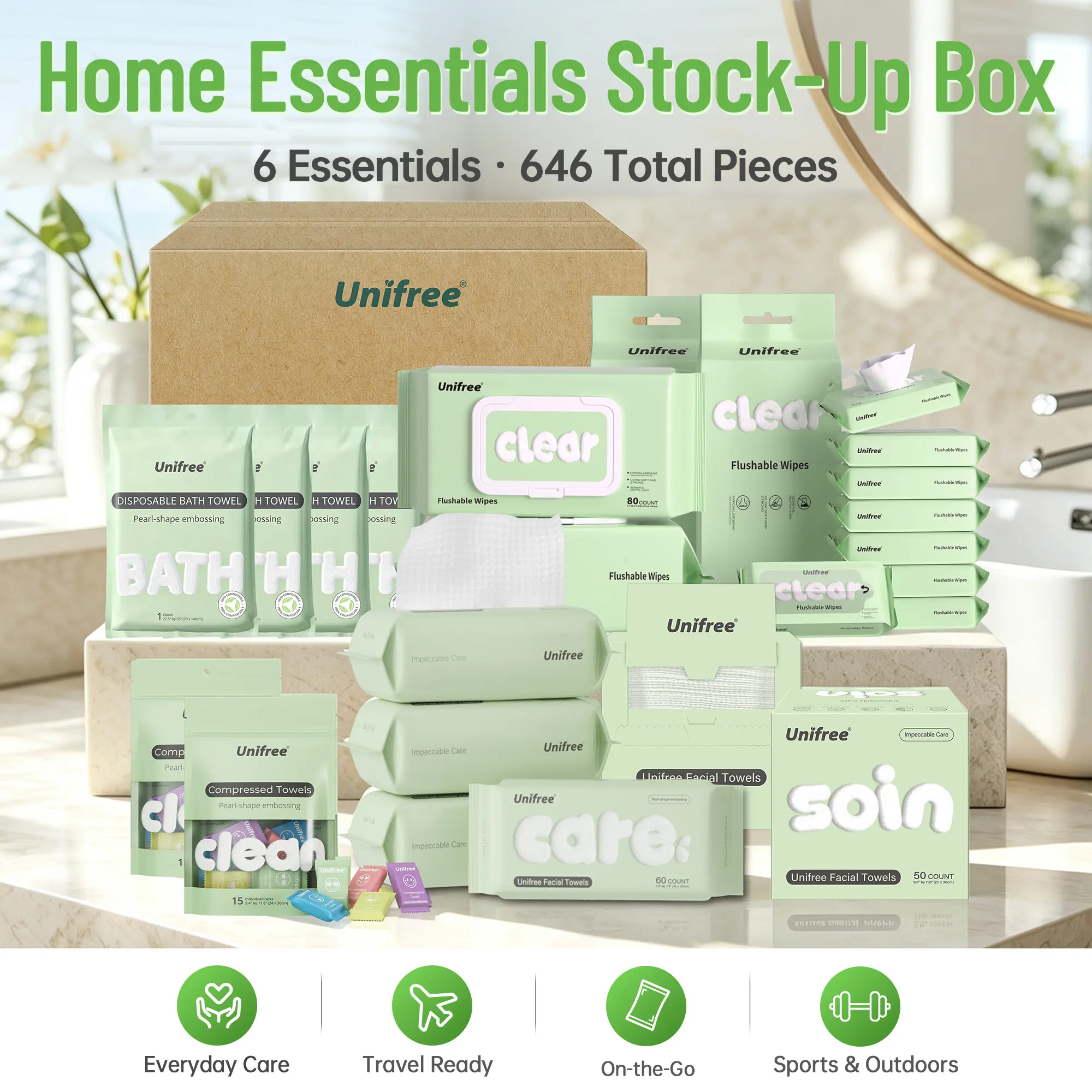 Unifree Home Essentials Stock-Up Box, 646-Piece Family Care Set with Face Towels, Flushable Wipes, Bath Towels & Compressed Towels, 6 Everyday Essentials for Home, Travel & On-the-Go