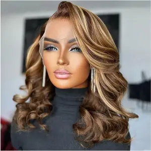 Glueless Wigs Human Hair Pre Plucked Pre Cut 13×4 HD Lace Body Wave Bob Wig Human Hair 180% Density Honey Blonde Ombre Closure Highlight Wig Human Hair for Black Women 4/27 12inch