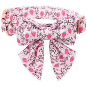 Lionet Paws Strawberry Floral Dog Collar with Sailor Bow – Spring Pink Bow Tie for Small to Large Dogs