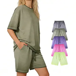 Holafish Tshirt & Shorts Set Summer Washed Cotton Dirty Washed Trendy Gradient Color Men's and Women's Suits, Short-sleeved Tops Paired with Shorts, Retro Couple Outfits