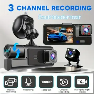 Triple Lens 3 Channel Dash Cam with 170° Wide Angle & Infrared Night Vision, 2" IPS Display, Parking Monitor, Includes 32GB Card