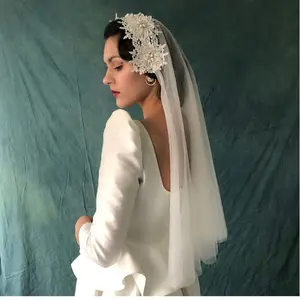 Wedding Veil Two-Way Wear Headband and Hair Clip Style Two-Way Wear Vintage Hat-Style Veil Lace Inlaid with Diamonds and Pearls Small Clip Hair Accessory Bridal Hair Accessories Bridal Wedding