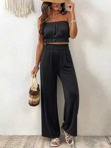 Women's two-piece set, consisting of a tube top and wide-leg pants. The non-slip tube top is light and breathable, making it an ideal choice for parties, a must-have for vacations and dates, and suitable for daily summer wear.