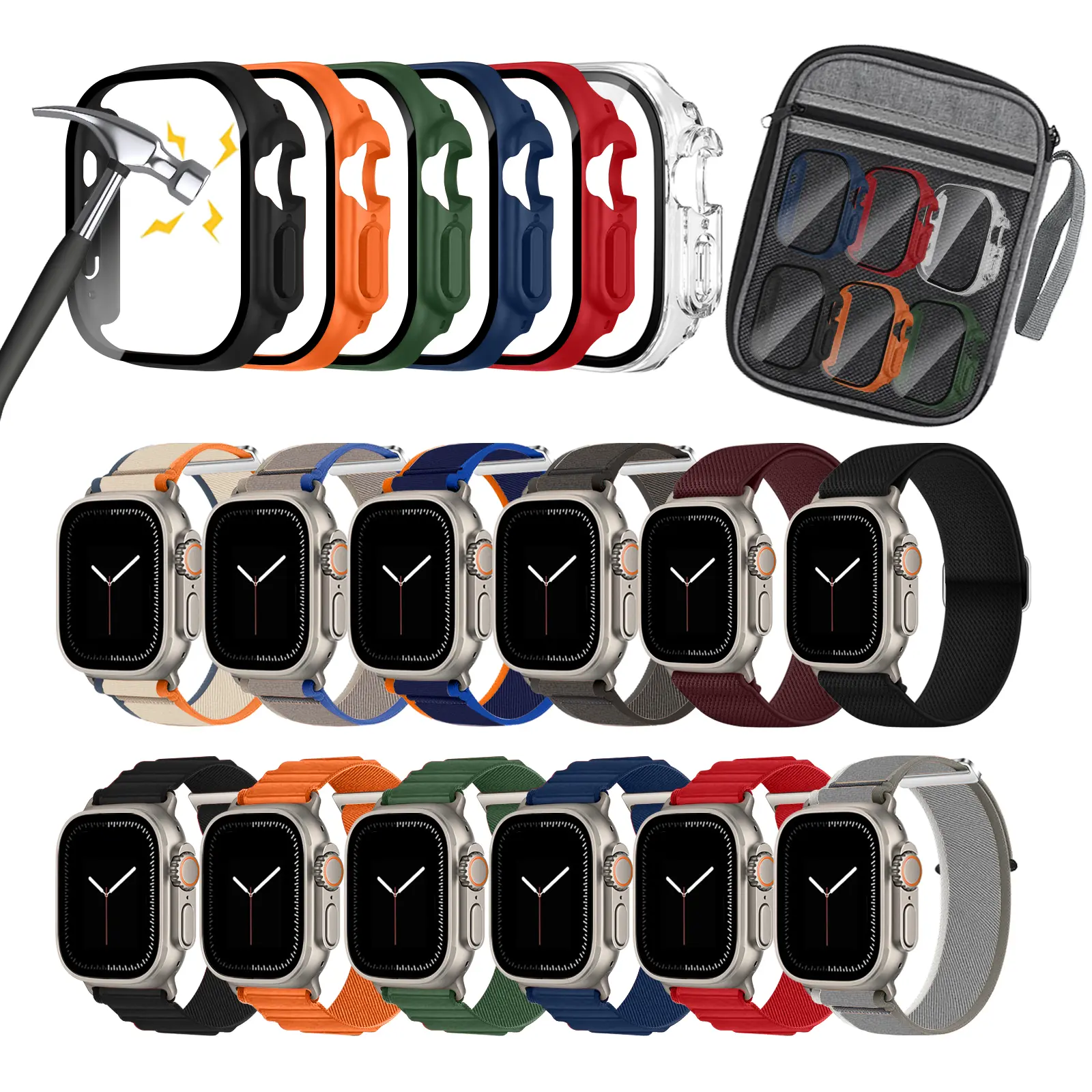 12-Pack Nylon Sport Loop Straps with Protective Case, Unisex Breathable Elastic Band for Apple Watch Ultra 49mm/Ultra 2, Smartwatch Accessories, Wearable Tech Accessories wristwatch stylish 3 i