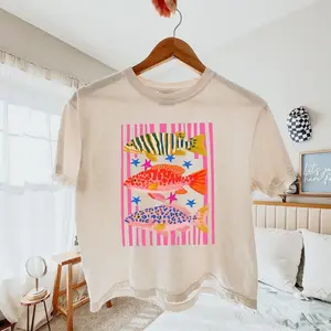 Preppy Fish Graphic Cropped Tee Crop, Coastal Summer Beach Shirt, Summer Vibes Shirt, Coastal Summer Boxy, Women's Boxy Tee