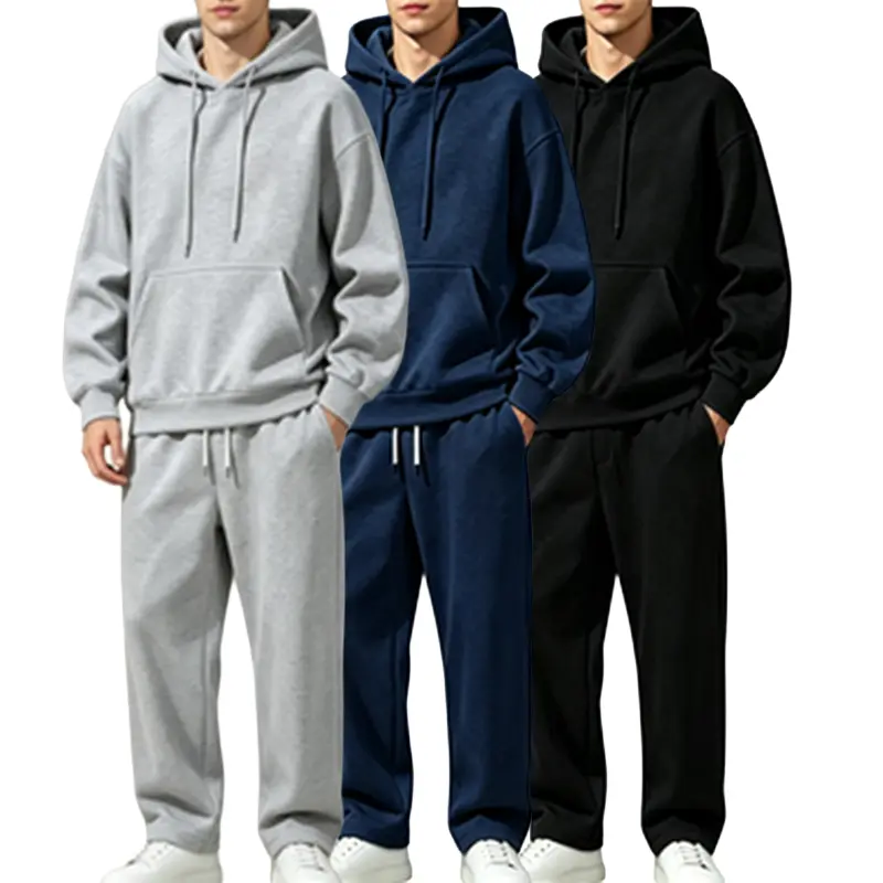 Men’s solid-color minimalist two-piece athletic set featuring a slim-fit hooded sweatshirt paired with drawstring long pants; thick fabric suitable for autumn and winter—an essential piece for everyday casual wear.