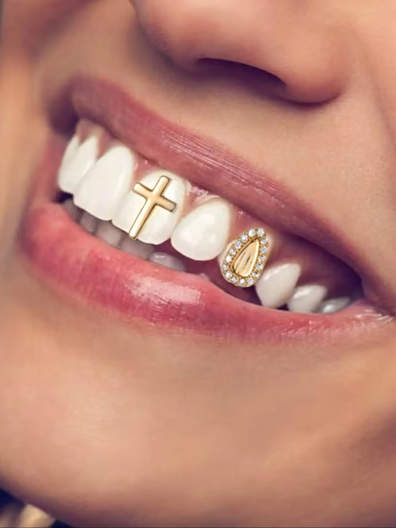 Hiphop Hollow Heart Star Dual-Color Teeth Grills, Daily Streetwear Cool Matte Cross Zircon Shield Tooth Accessory, Dental Accessory, Tooth Gem