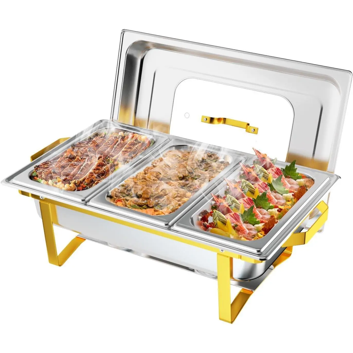 ROVSUN Gold Chafing Dishes for Buffet, 9QT Chafing Dish Buffet Set with Glass Lid, Stainless Steel Buffet Servers and Warmers with Folding Frame & 3 1/3 Size Pan for Parties Weddings Catering Events