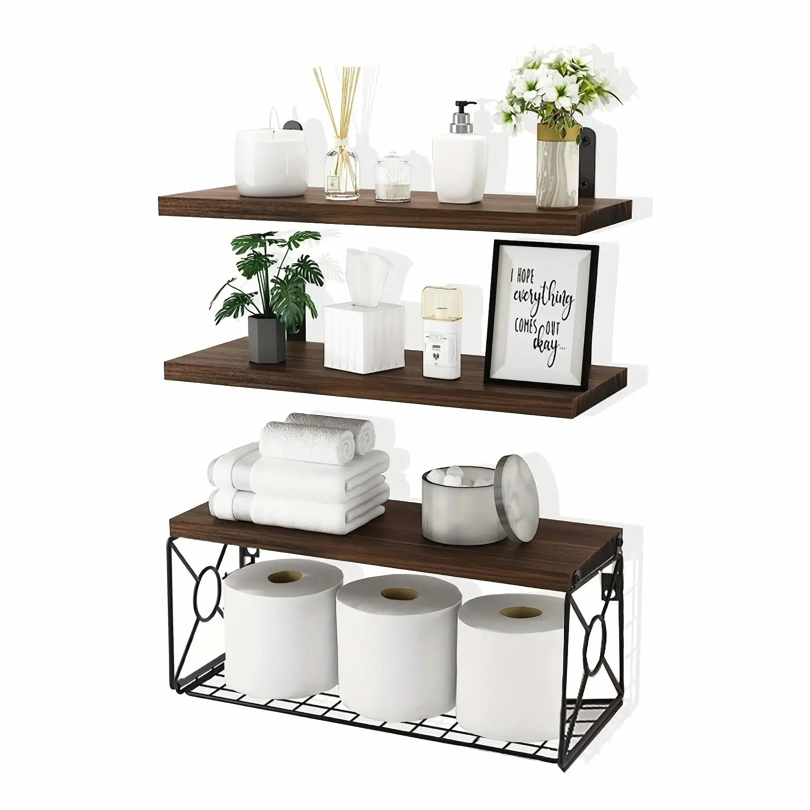 3pcs Wooden Rustic Wall-Mounted Floating Rack Shelves for Bathroom - Small Farmhouse Accent Shelf with Unfinished Wood Ends, Black and Brown, Ideal for Toilet Paper Storage, Farmhouse Decor