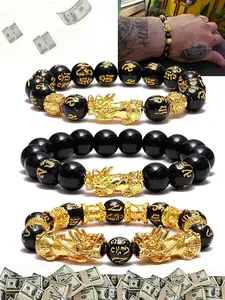 1Pcs Feng Shui Lucky Bracelet, Suitable for Men And Women - Beaded Bracelets, Natural Stone, Double Pixiu Design Bracelet for Wealth Attraction - Obsidian Character Bead Six Character Mantra for Wealth Attraction Bracelet