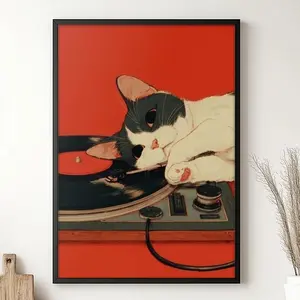 Japanese Wall Art, Retro Cat Poster, Cute Cat Poster, Gift for Music Lovers, Vintage Vinyl Record Wall Art, Audio Lover Gift, Music Poster