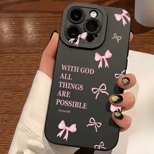 pink bows inspirational quote With God all things are possible Nouhow 1995Glossy Black Silicone Lens Protector Phone Case for Apple iPhone 17 Pro Max / iPhone 16 Pro Max / 16 Pro / 15 Pro Max / 14 Pro Max Perfect for Christmas and Halloween