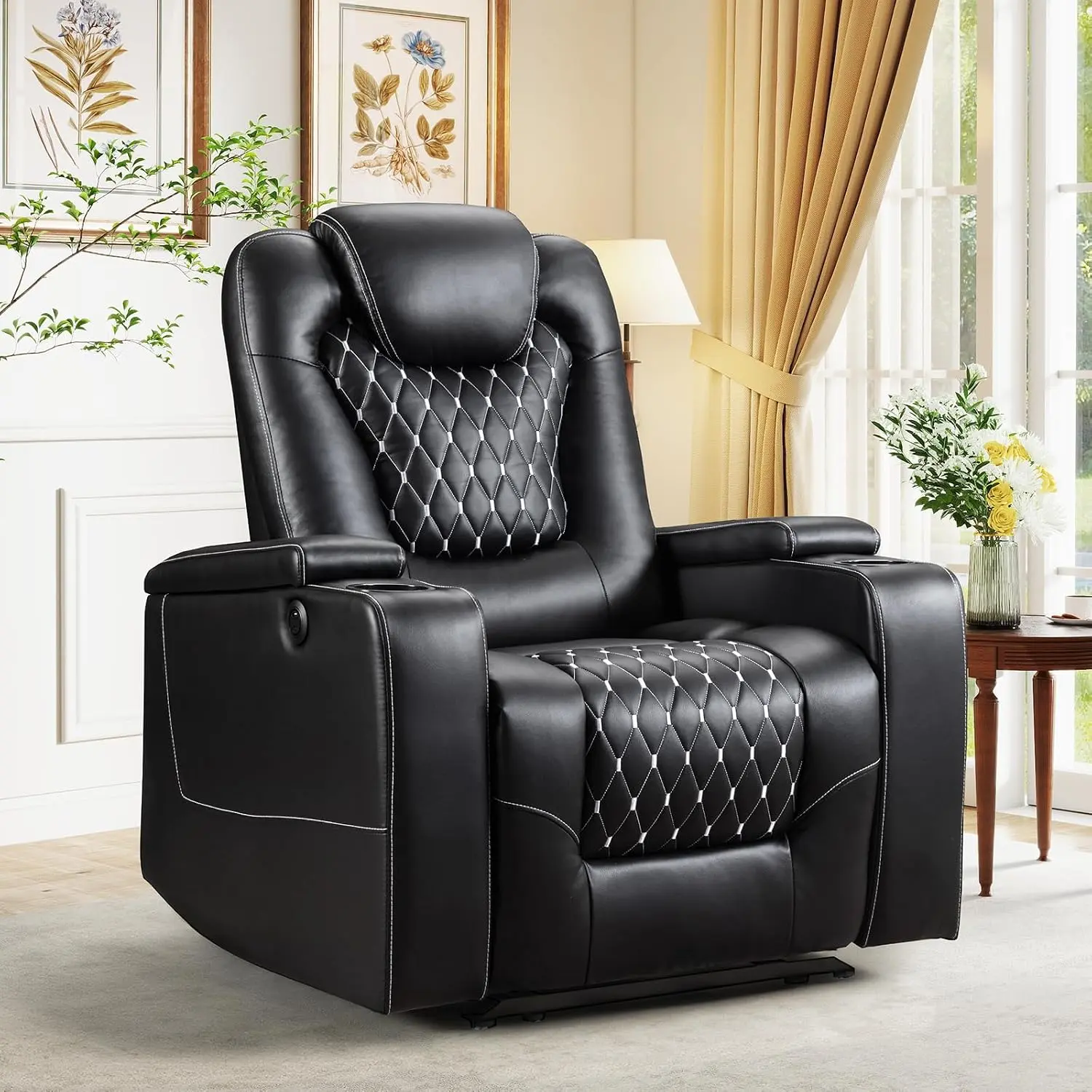 EBELLO Power Recliner Chair with USB Ports and Cup Holders - Overstuffed Electric Home Theater Seating PU Leather Reclining Furniture with Hidden Arm Storage, Easy to Clean