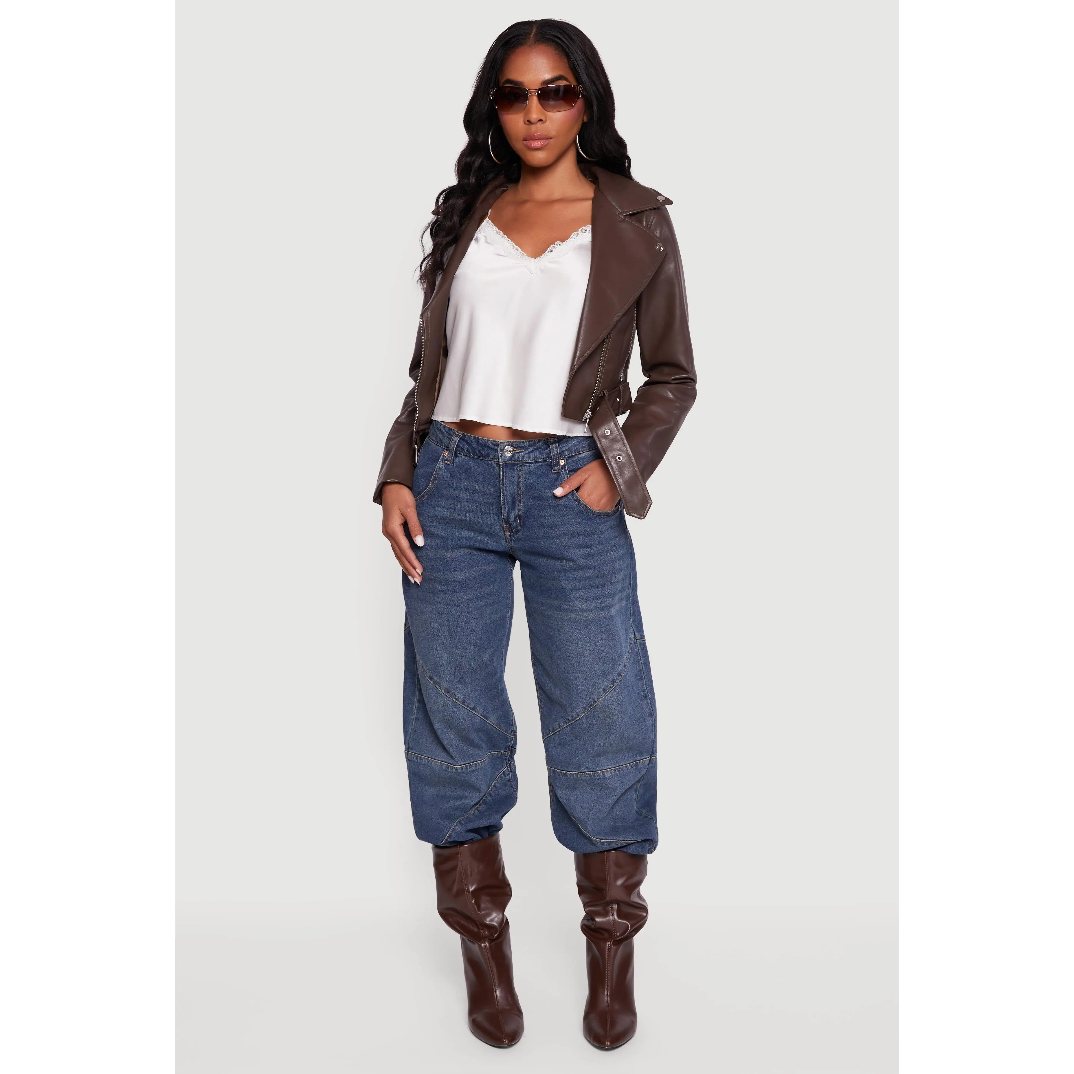 Cropped Faux Leather Belted Moto Jacket
